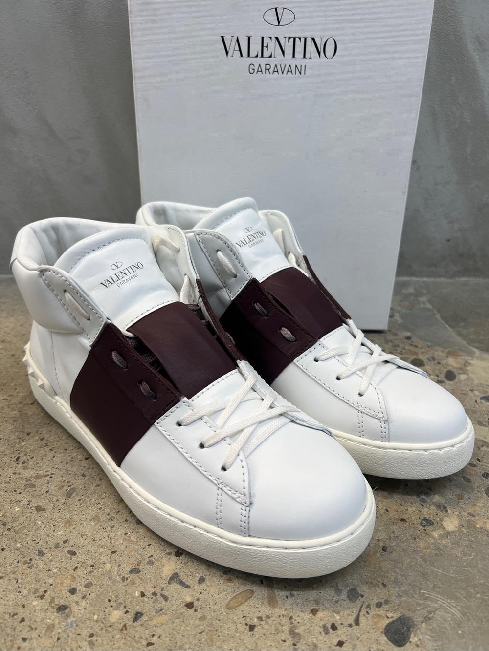Valentino Garavani White and Burgundy High-Top Leather Sneakers
